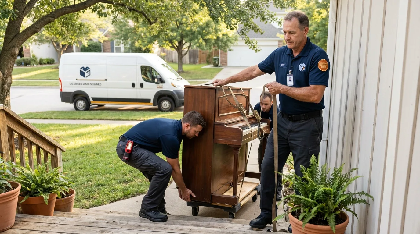 Licensed piano movers securing grand piano in Dennis, MA