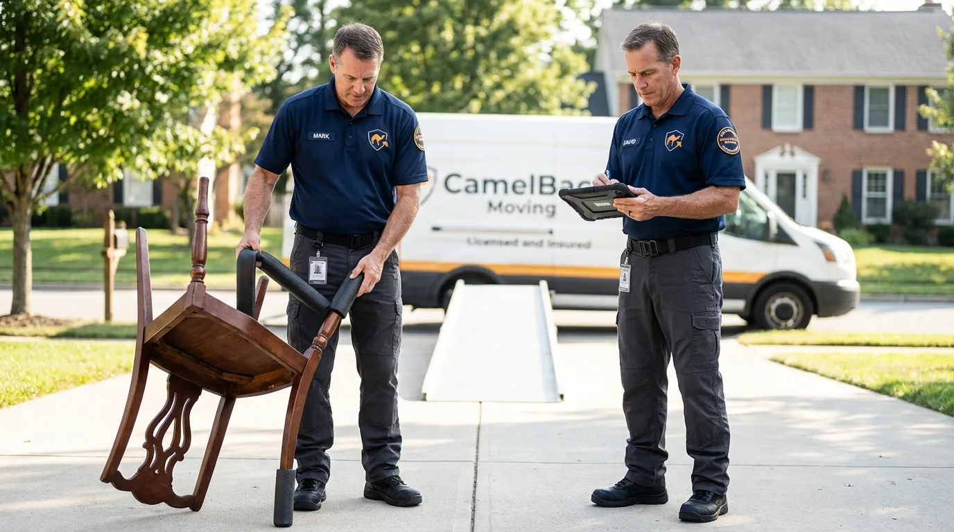 Movers inspecting furniture for damage prevention before loading in Dennis, MA