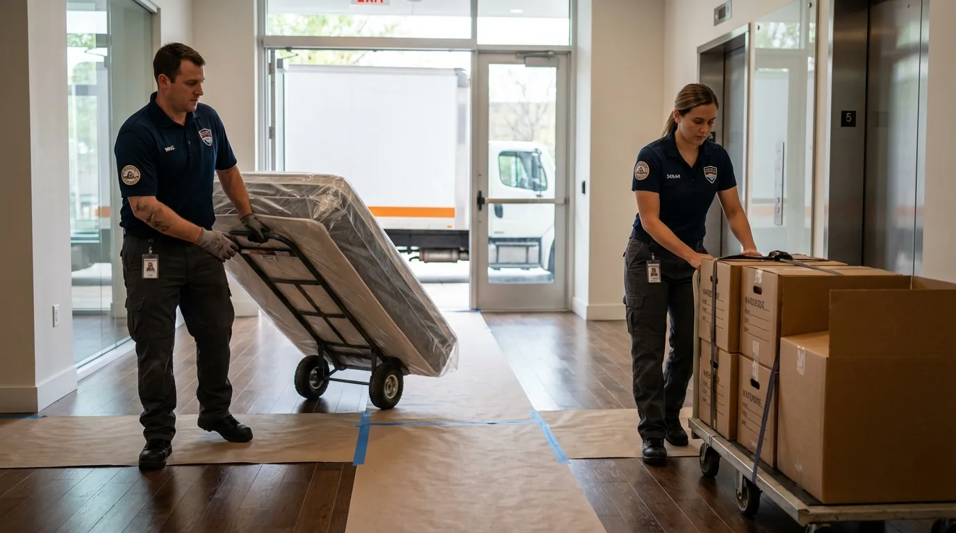 Professional apartment movers loading elevator in Dennis, MA
