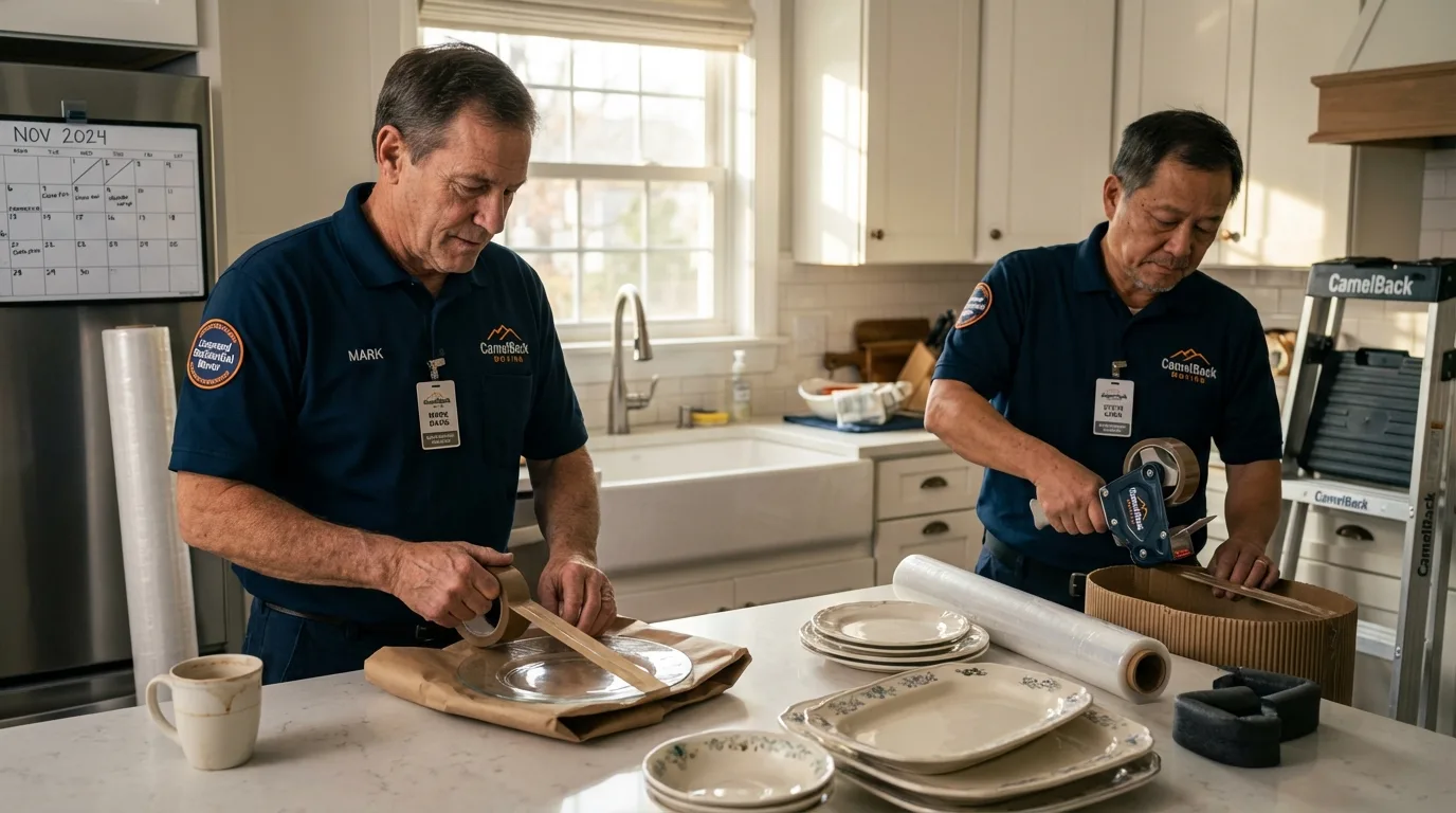 Professional crew packing kitchen dishware in Dennis, MA